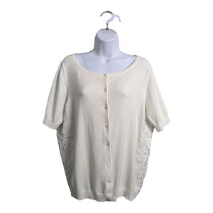 Talbots White Pima Cotton Cardigan Sweater Button Front Short Sleeve Lace 2Xp